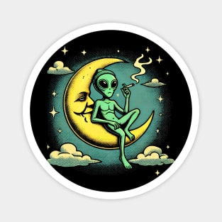 Chill Alien Smoking on the Moon Retro Space Art Magnet